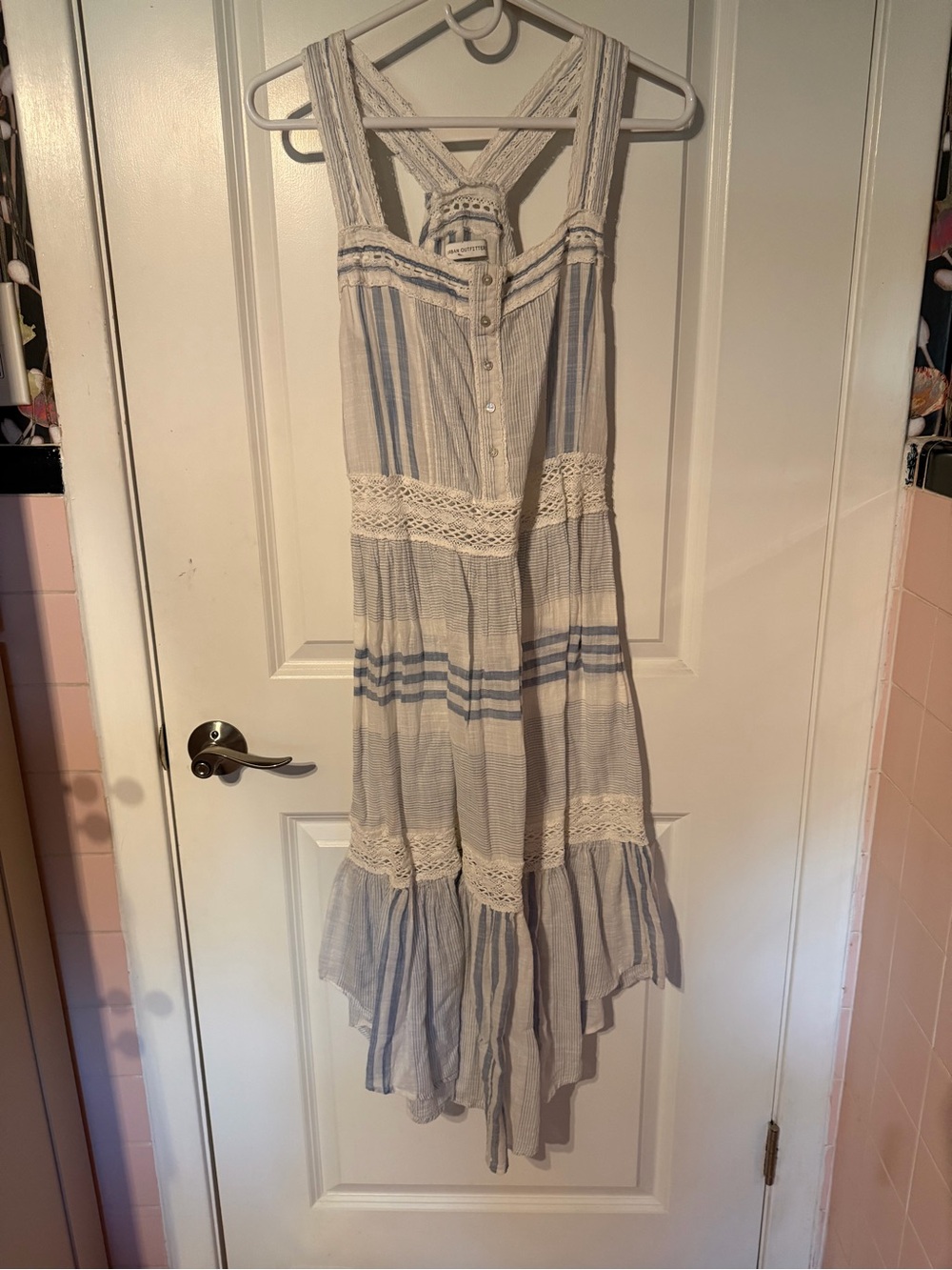 Urban Outfitters Boho Crochet Striped Maxi Dress in White and Light Blue